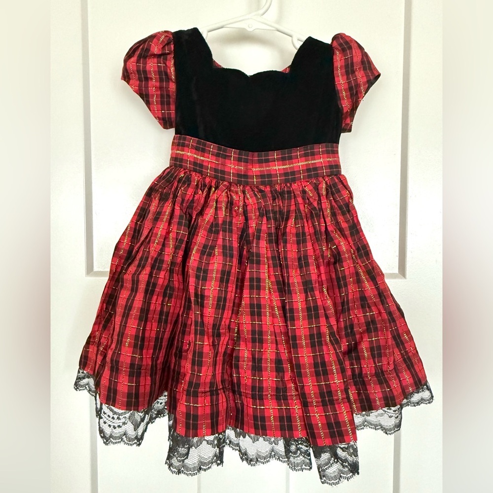 🎀 Red Plaid Holiday Dress with Velvet Bodice – Size 2T